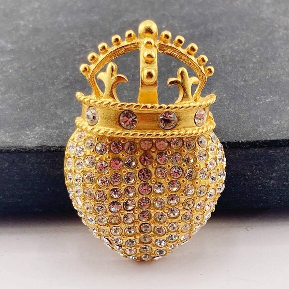 NLH Jewelry - NLH Vintage clear rhinestone and gold tone metal heart and crown shaped brooch